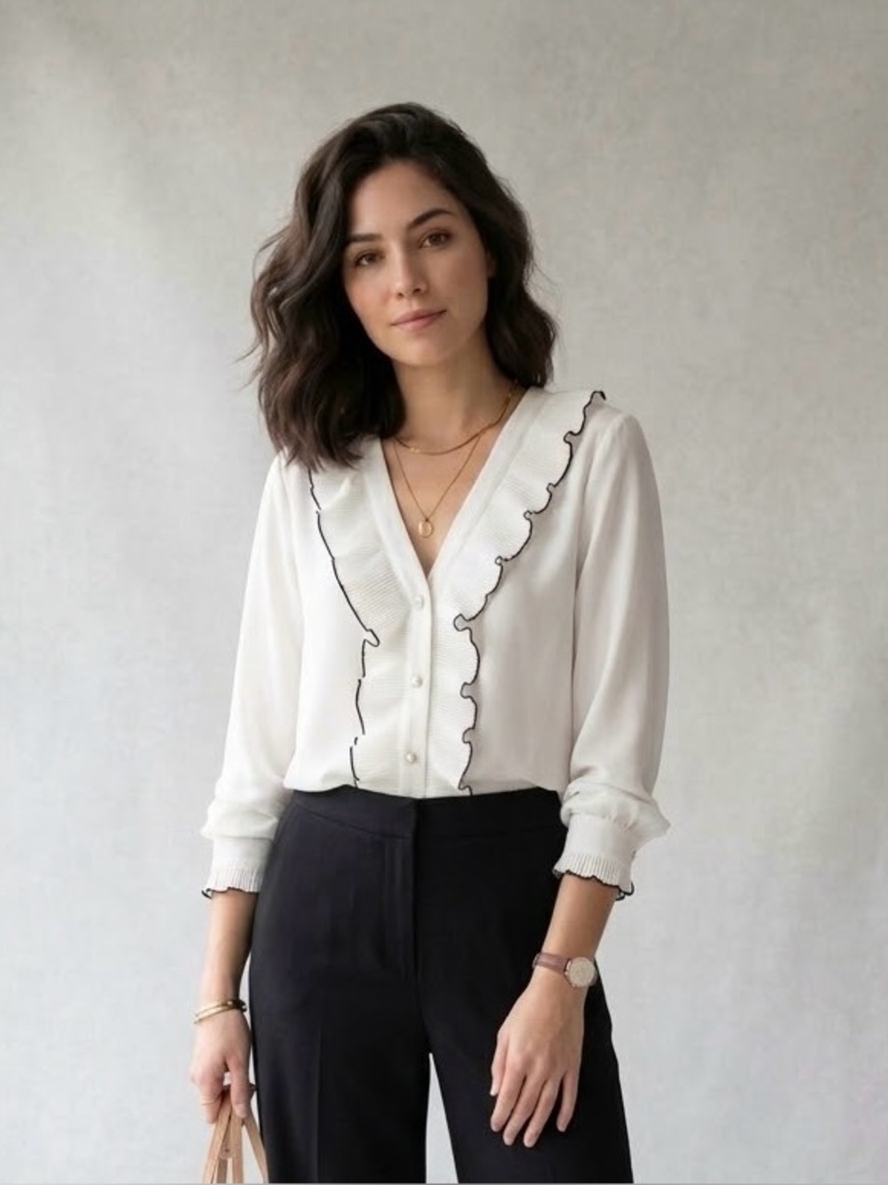Zara Pleated Ruffle Trim V-Neck Blouse White Black Piping Long Sleeve